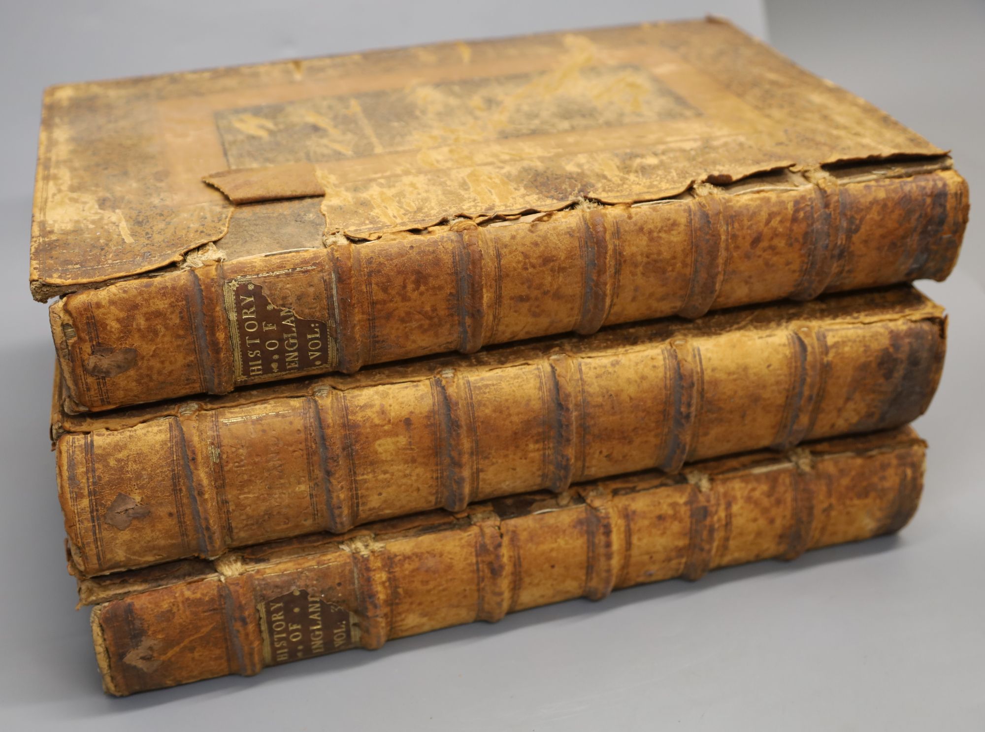 Hughes, John and Kennett, White (editors) - A Complete History of England, 3 vols, folio, old calf, worn and scuffed, with 30 portraits